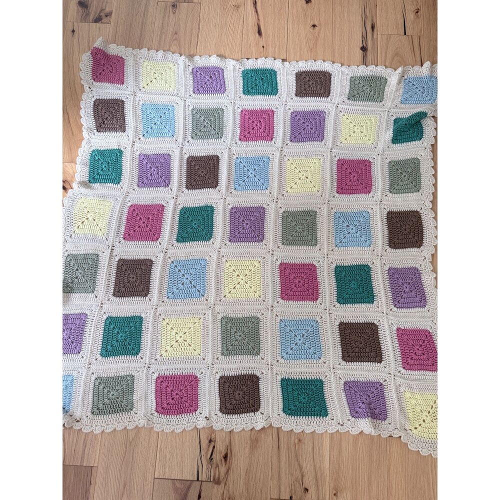 Handmade Crochet Granny Square Blanket Colorful Vintage Style 54x54